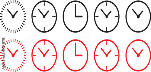 clock, time, watch, hour, minute, second, dial, face, symbol, icon, graphic, design, element, black, red, white background, multiple, variations, numbers, abstract, illustration, measurement, schedule
