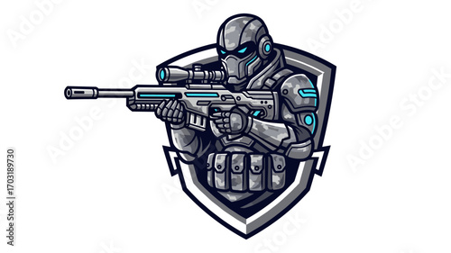 Futuristic Soldier Mascot Logo Illustration With Sniper Rifle And Shield Badge