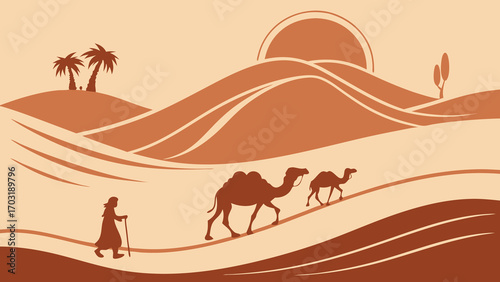 Person walking with camels in a desert landscape.