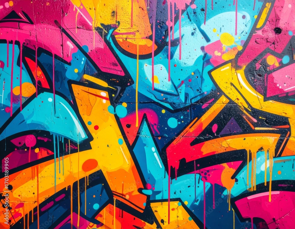 Naklejka premium Dynamic Graffiti Wall Art with Yellow Blue and Pink Splatters and Abstract Shapes