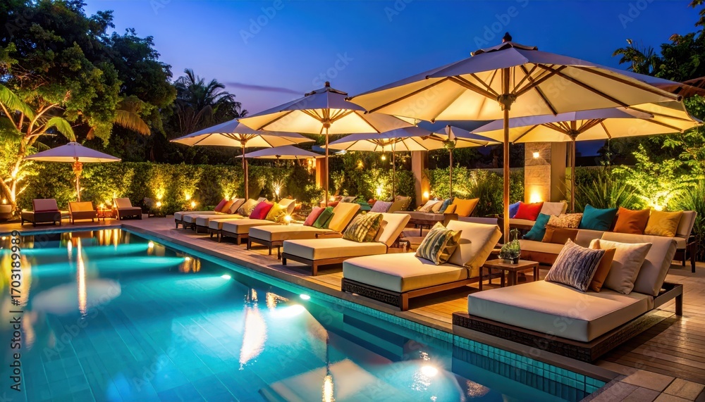 Fototapeta premium Elegant Poolside Lounge at Twilight with Cozy Seating and Umbrellas
