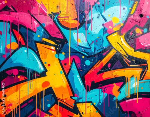 Dynamic Graffiti Wall Art with Yellow Blue and Pink Splatters and Abstract Shapes