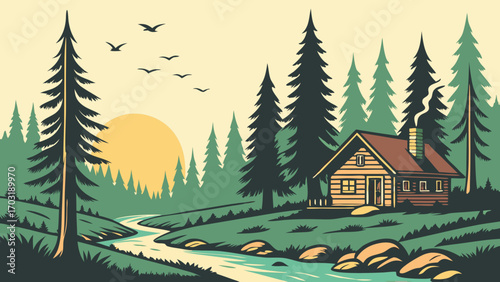 Cozy wooden cabin nestled in a forest.