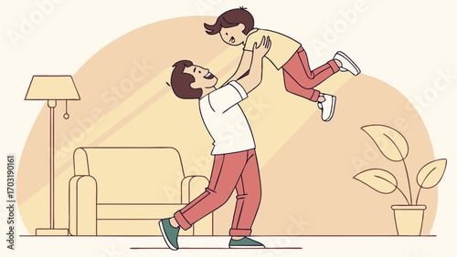 Father playing with his child, lifting them up in a joyful moment.