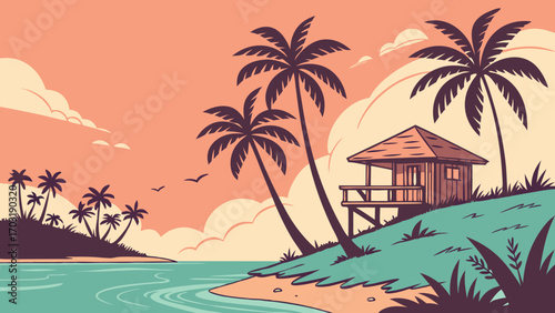 Tropical Beach Hut with Palm Trees and Ocean View.