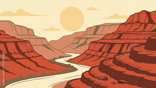 Grand Canyon landscape with winding river and sunset.