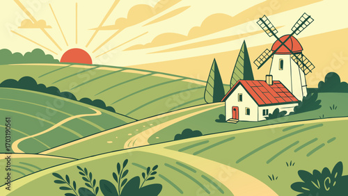 Charming farmhouse with windmill and rolling green hills at sunrise.
