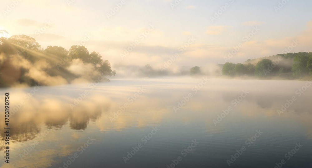 Obraz premium Morning mist over the tranquil lake reflecting the sunrise.