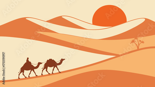 Camels traversing the desert landscape under a scorching sun.
