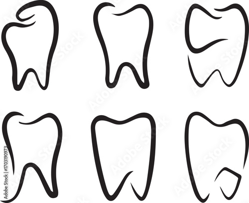 tooth, teeth, dental, dentistry, icon, symbol, outline, line art, drawing, abstract, health, hygiene, care, medical, white background, set, collection, graphic, illustration, design, element, clean, s