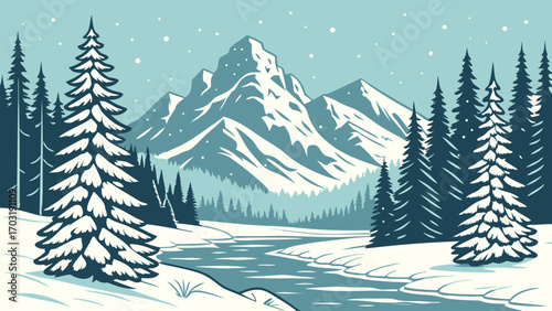 Winter Landscape with Snow-Covered Mountains and Evergreen Trees.
