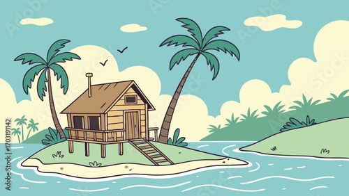 Tropical island cabin with palm trees and wooden steps leading to the entrance.