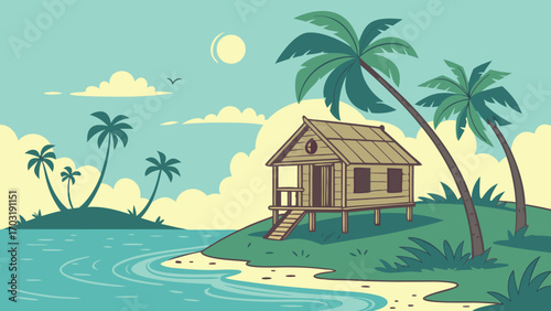 Rustic Beach Hut on Tropical Island.