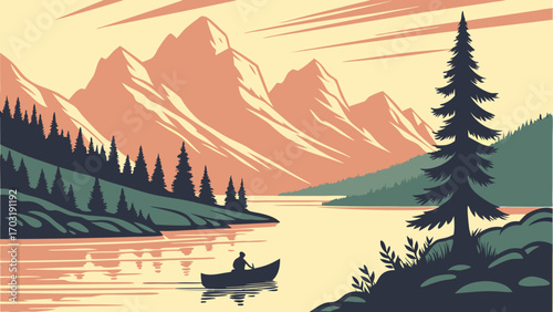 Lone person rowing a boat on a serene lake surrounded by majestic mountains and pine trees.