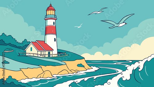 Coastal lighthouse stands tall, guiding ships safely through the ocean waves.