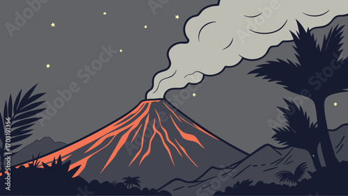 Volcanic Eruption at Night with Flowing Lava and Smoke.