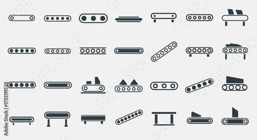 A comprehensive set of flat design vector icons showcasing various industrial conveyor belt systems and automated production line components.