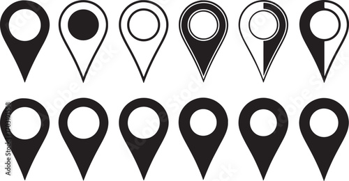 location, pin, map, marker, icon, symbol, navigation, point, destination, place, search, address, graphic, design, element, black, white, outline, fill, set, collection, technology, travel, find