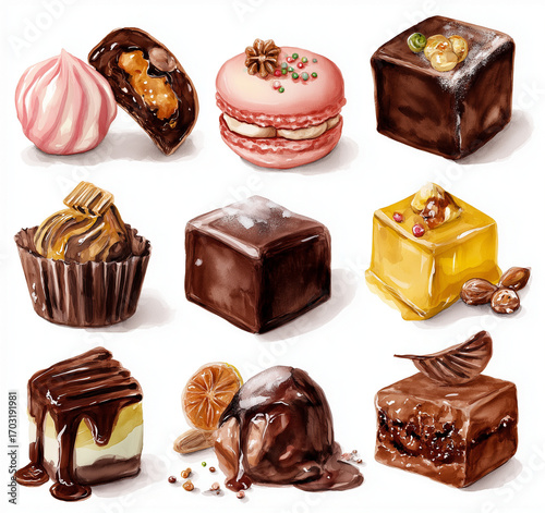 Watercolor illustration of assorted gourmet chocolates and confectionery
