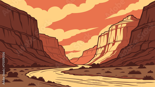 Majestic canyon landscape with river flowing through the valley under sunset sky.