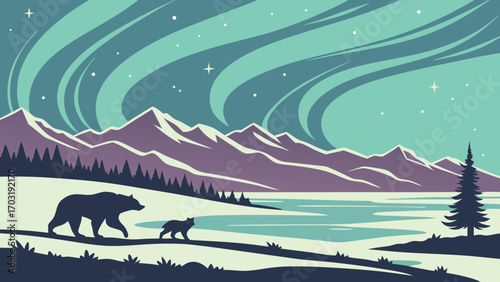 Mother bear and cub walking in snowy landscape under aurora borealis.