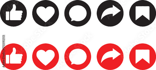 social media, icons, like, heart, comment, share, bookmark, thumb up, love, message, send, save, black, red, circle, button, graphic, design, symbol, communication, engagement, feedback, online, web, 