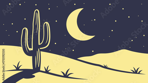 Desert night scene with cactus and moon.