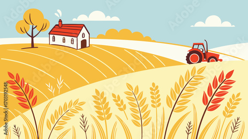 Golden wheat field with a red tractor and farmhouse in autumn.
