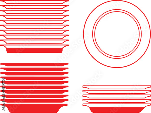 plate, dish, stack, red, outline, kitchenware, tableware, ceramic, porcelain, dinnerware, crockery, set, collection, clean, simple, graphic, illustration, icon, design, object, kitchen, dining, food, 