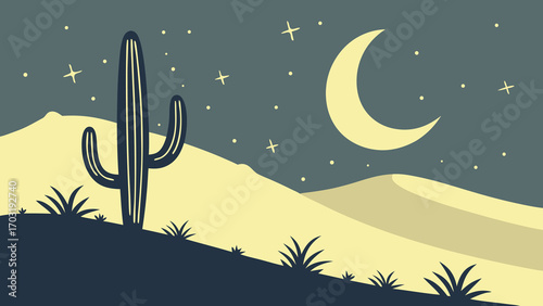 A solitary saguaro cactus stands tall under a starry desert night sky with a crescent moon.