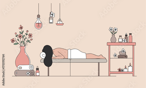 A woman is lying on a massage table in a spa setting, getting ready for a relaxing treatment with flowers in a vase and aromatherapy oils.