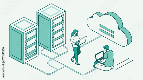 Cloud computing and data servers with people working on laptops.