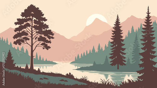 Majestic pine tree standing tall by a serene lake at sunset.