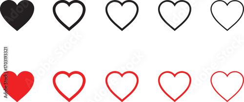 heart, icon, shape, love, romance, emotion, symbol, graphic, design, black, red, outline, filled, collection, set, white background, isolated, simple, modern, valentine, relationship, like, favorite, 