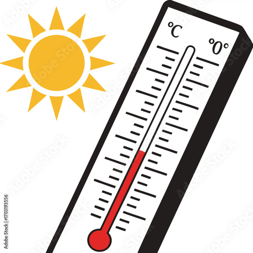 Thermometer measuring high temperature under the bright sun indicating hot weather.
