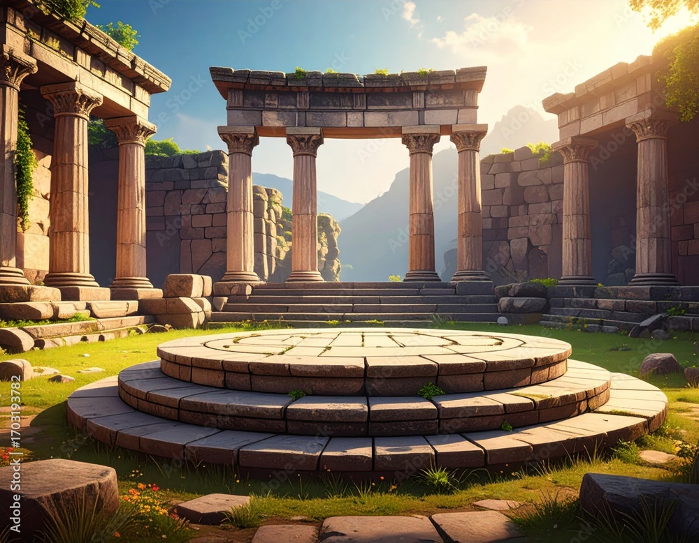 Fototapeta premium Classical Stone Ruins with Columns on a Grassy Hillside against Mountain Backdrop