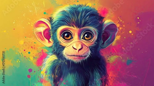 Portrait of a cute baby monkey in a colorful vector art style, with pop colors, paint splashes