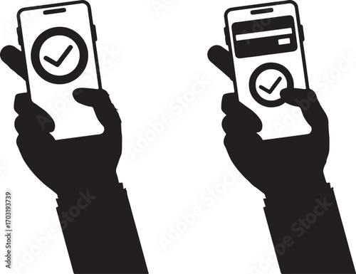 hand, holding, smartphone, mobile, phone, credit card, payment, online, transaction, checkmark, success, confirmation, approval, secure, digital, e-commerce, shopping, technology, communication, app, 