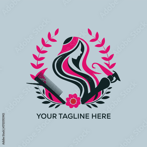Hair salon logo with woman silhouette, comb, and hairdryer design