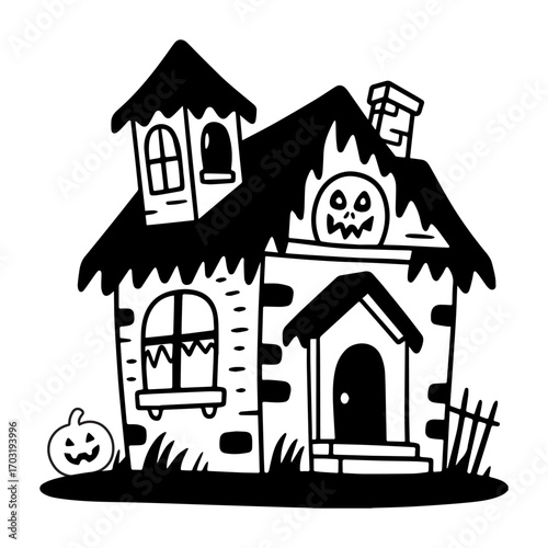 Vector haunted house black and white illustration. Halloween spooky cottage coloring page for kids. Scary Samhain party invitation or card design