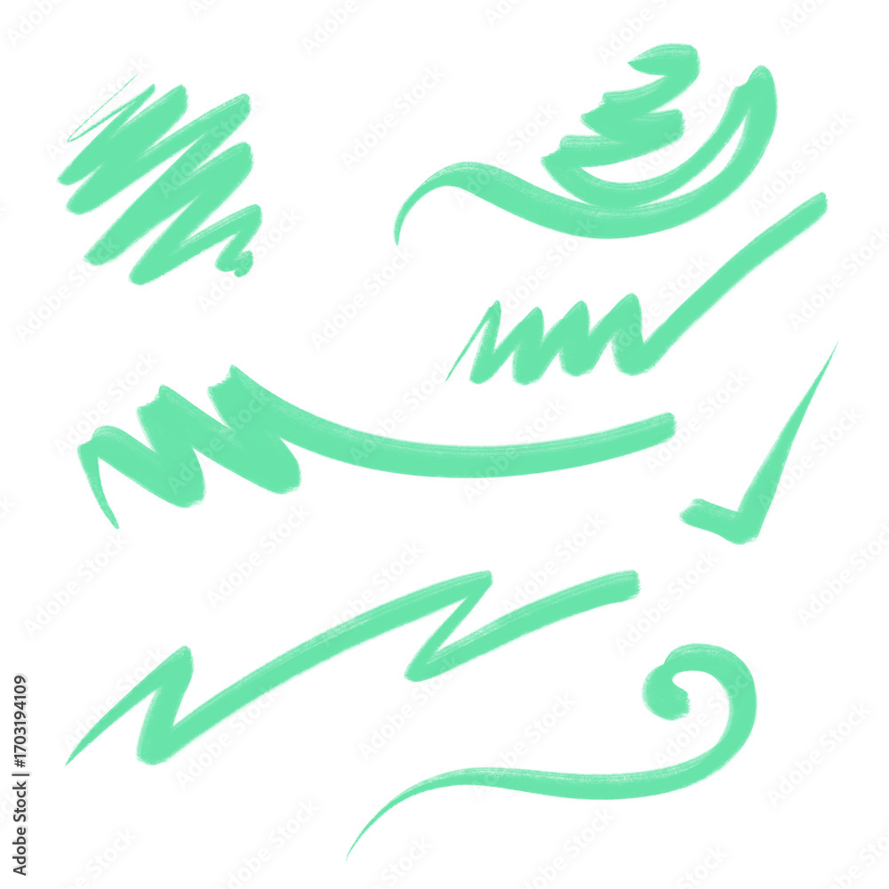 Obraz premium Mint green brush strokes and abstract shapes are scattered on a white background, creating a simple, artistic design.