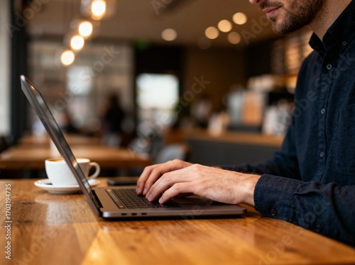 Man working on a laptop at a coffee shop - Remote work and business