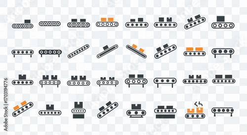 Collection of conveyor belt icons in various configurations, some with boxes, on a transparent background.