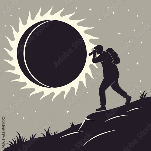 Silhouette of a person observing a solar eclipse through binoculars.