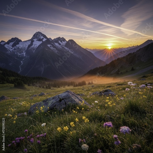 Majestic Alpine Sunrise with Golden Mist, Vibrant Wildflowers, and Dramatic Mountains