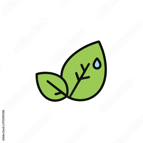 A vibrant green illustration depicts two fresh leaves, one adorned with a glistening water droplet, symbolizing nature's purity and ecological balance.