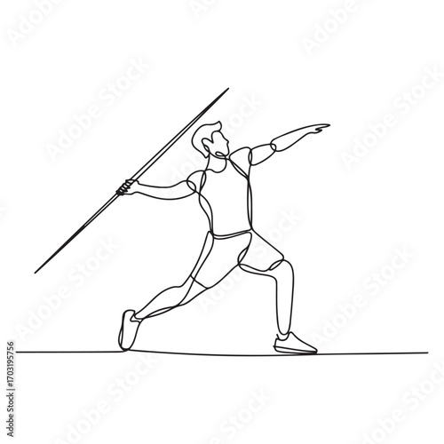 One continuous line Art drawing of young sporty man exercise to run stance before throw javelin on the field. Athletic games. with white background