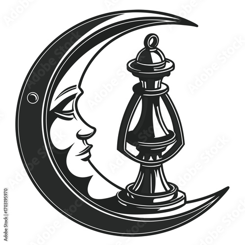 Chess piece on crescent moon with face, night game concept, fantasy.
