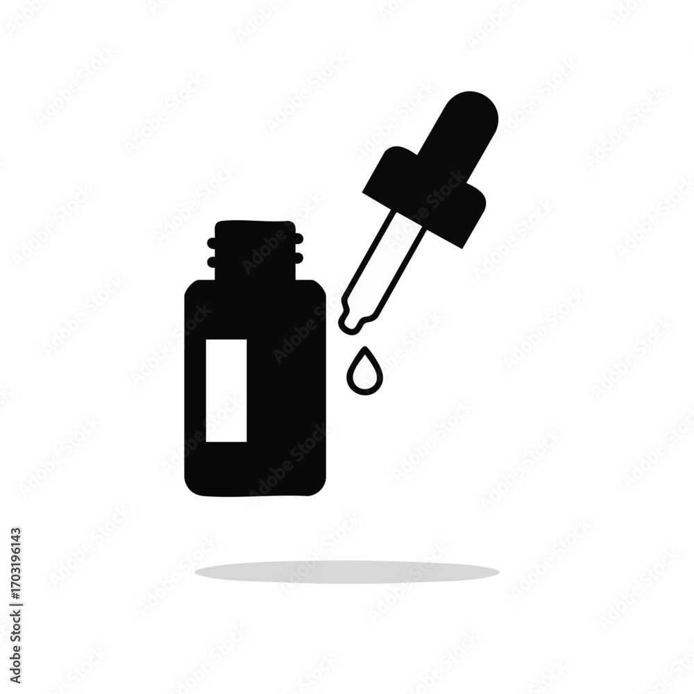 Fototapeta premium A minimalist black silhouette icon depicts a dropper bottle with a pipette dispensing a single liquid drop, symbolizing precise measurement.