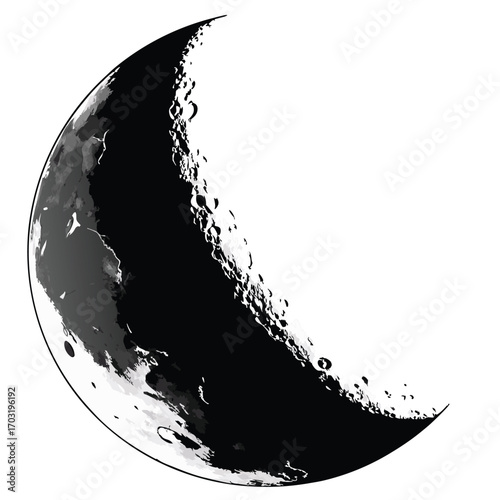 Crescent moon with detailed surface texture and craters.
